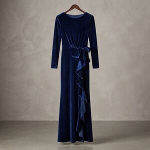 Miss Ord Long Sleeve Velvet Maxi Dress Women Size M Blue Ruffle Evening Gown